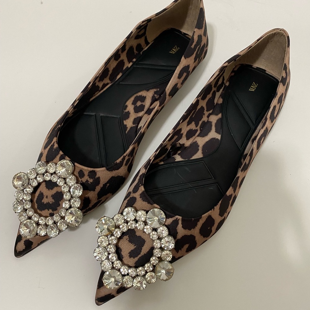 Zara Leopard Print Flats with Crystal Accents